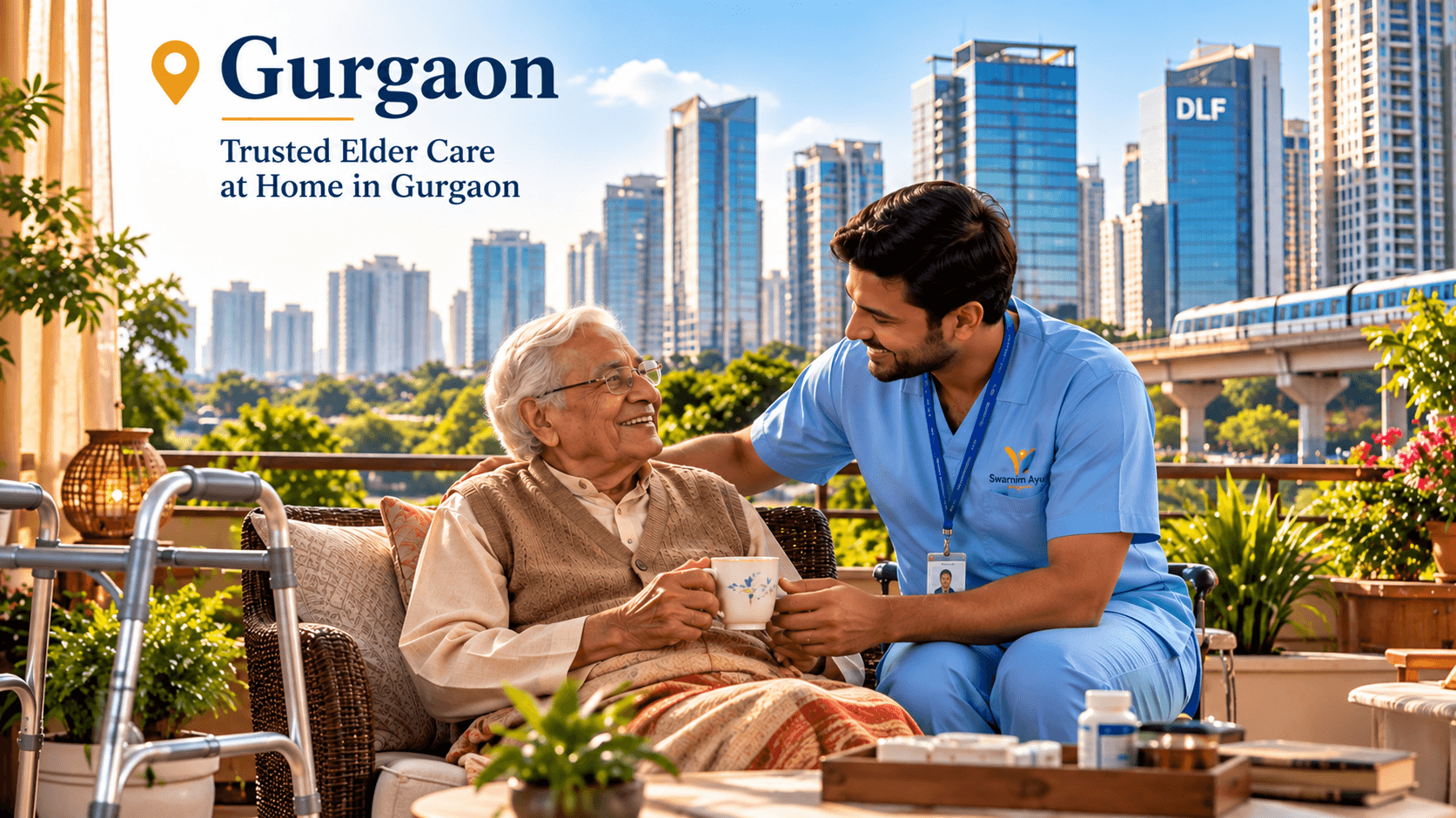 elderly couple with caregiver at home