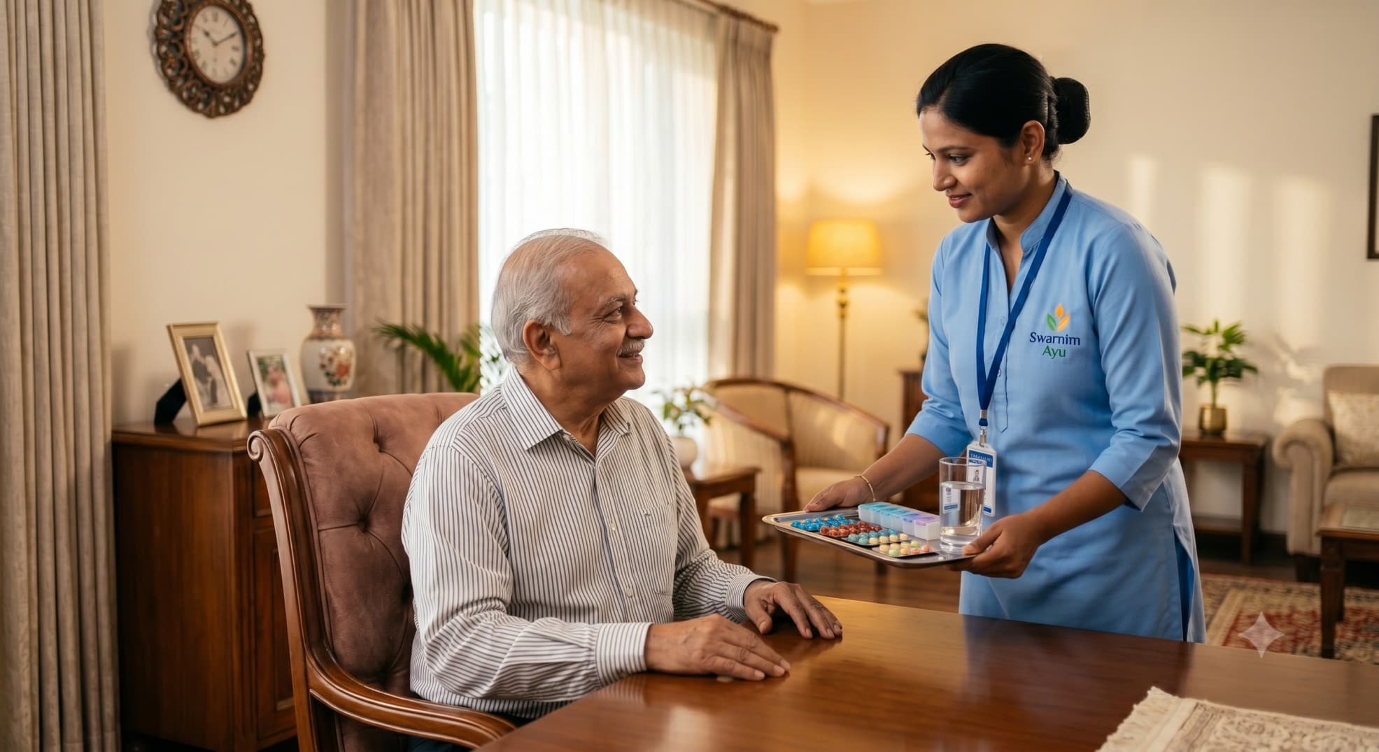 Caregiver checking BP of elderly parent at home in Gurgaon