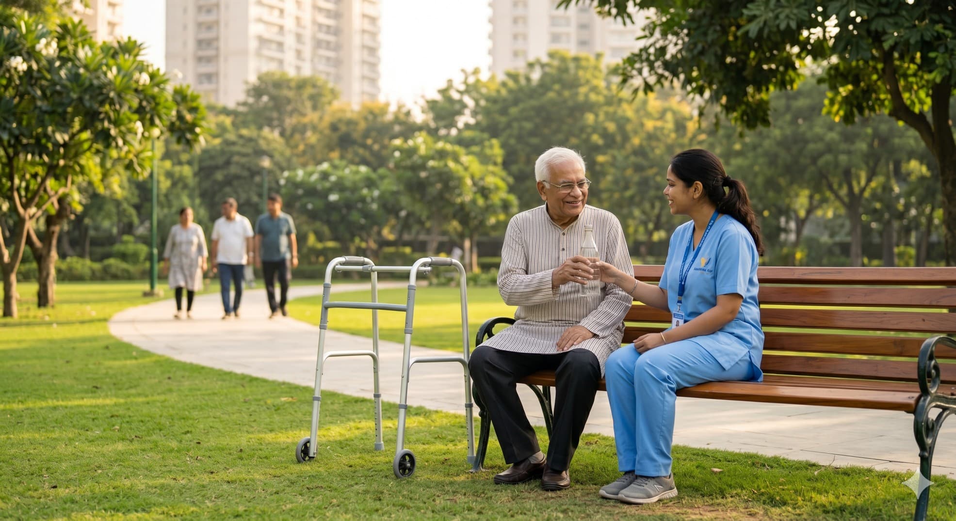 elderly couple with caregiver at home