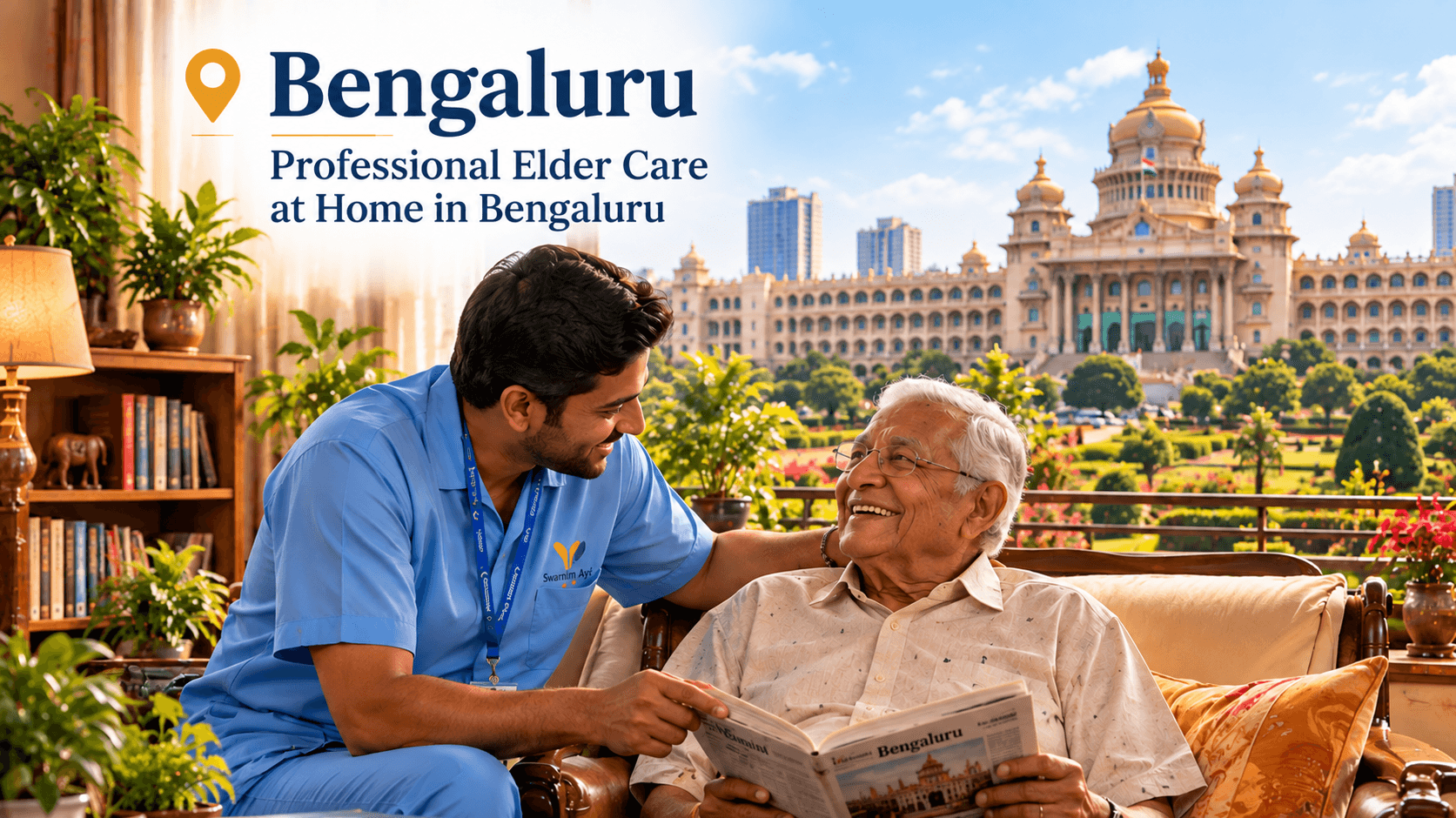 elderly couple with caregiver at home
