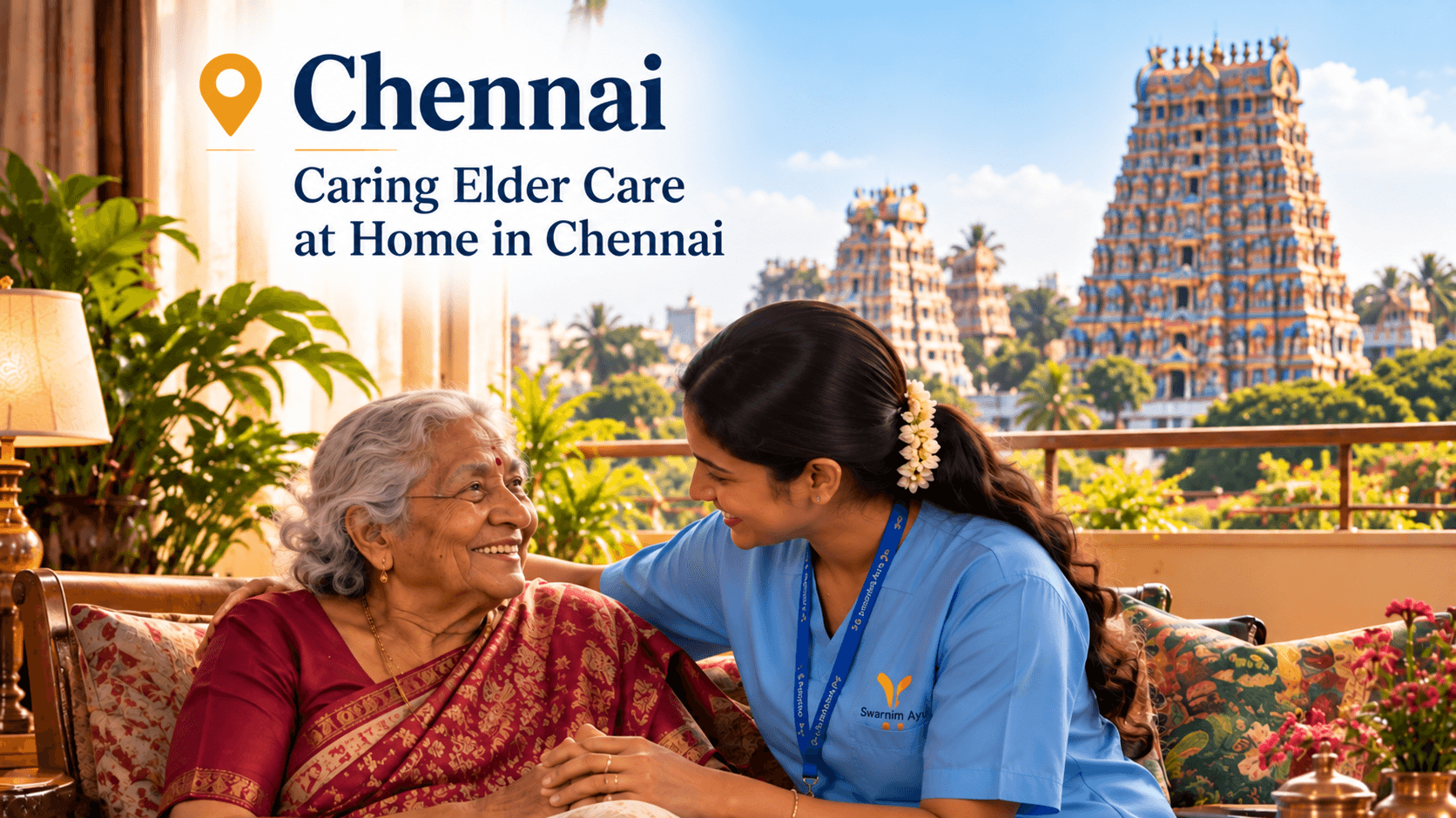 elderly couple with caregiver at home