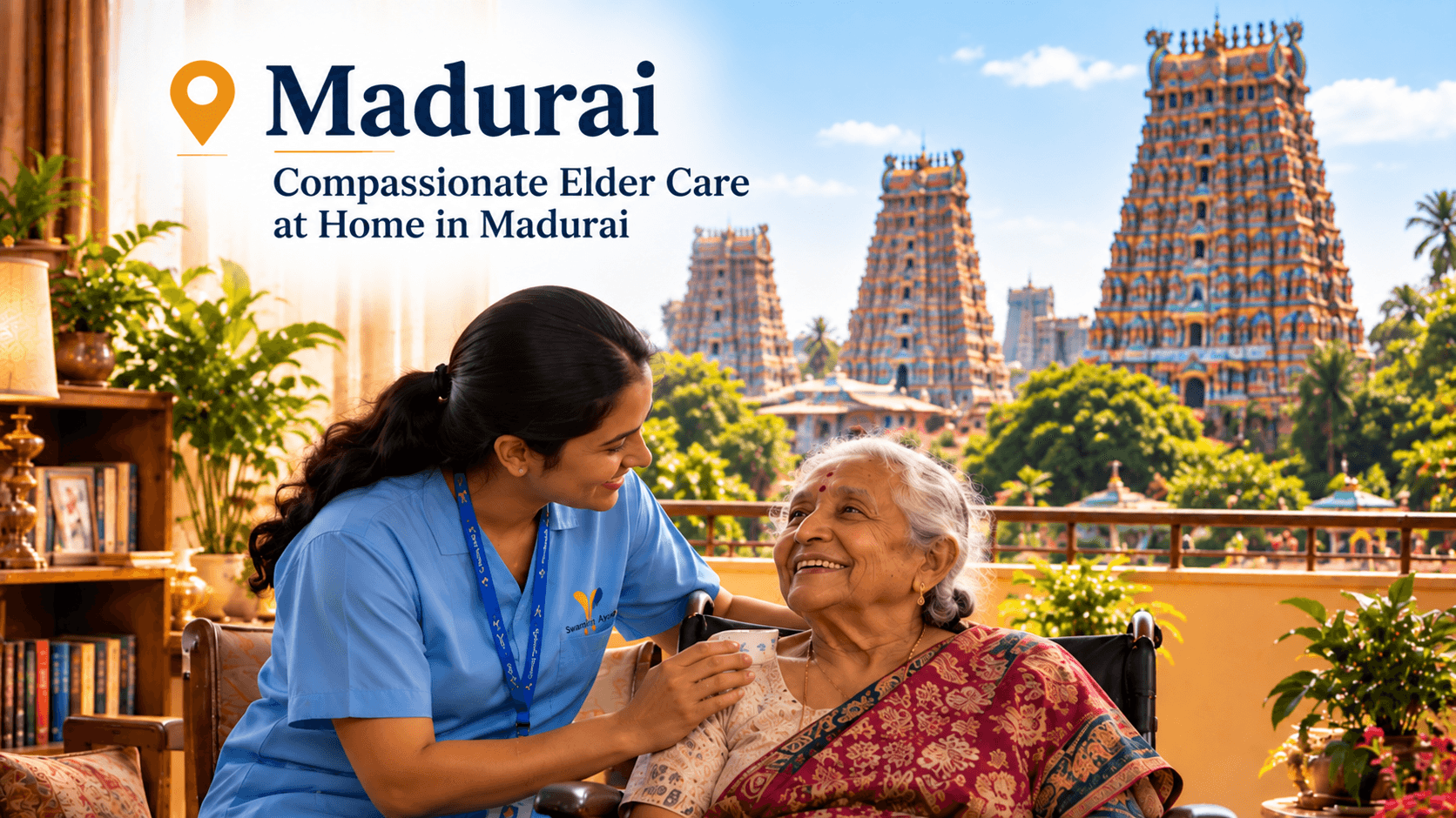elderly couple with caregiver at home