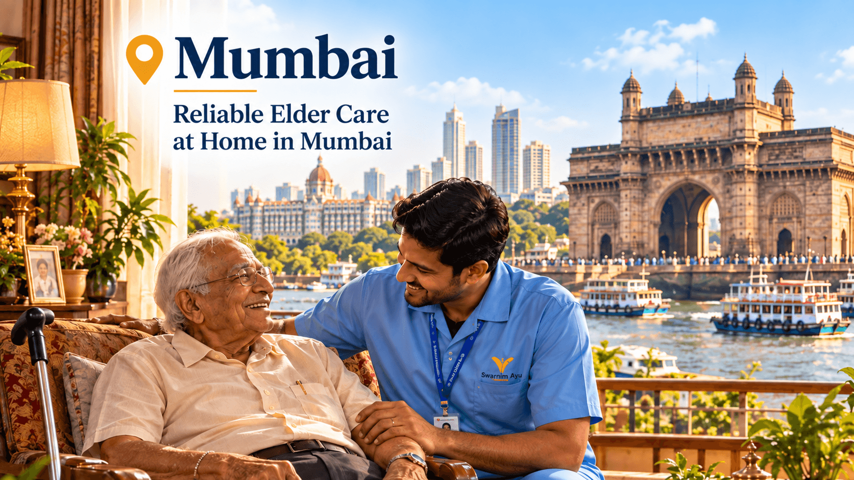 elderly couple with caregiver at home