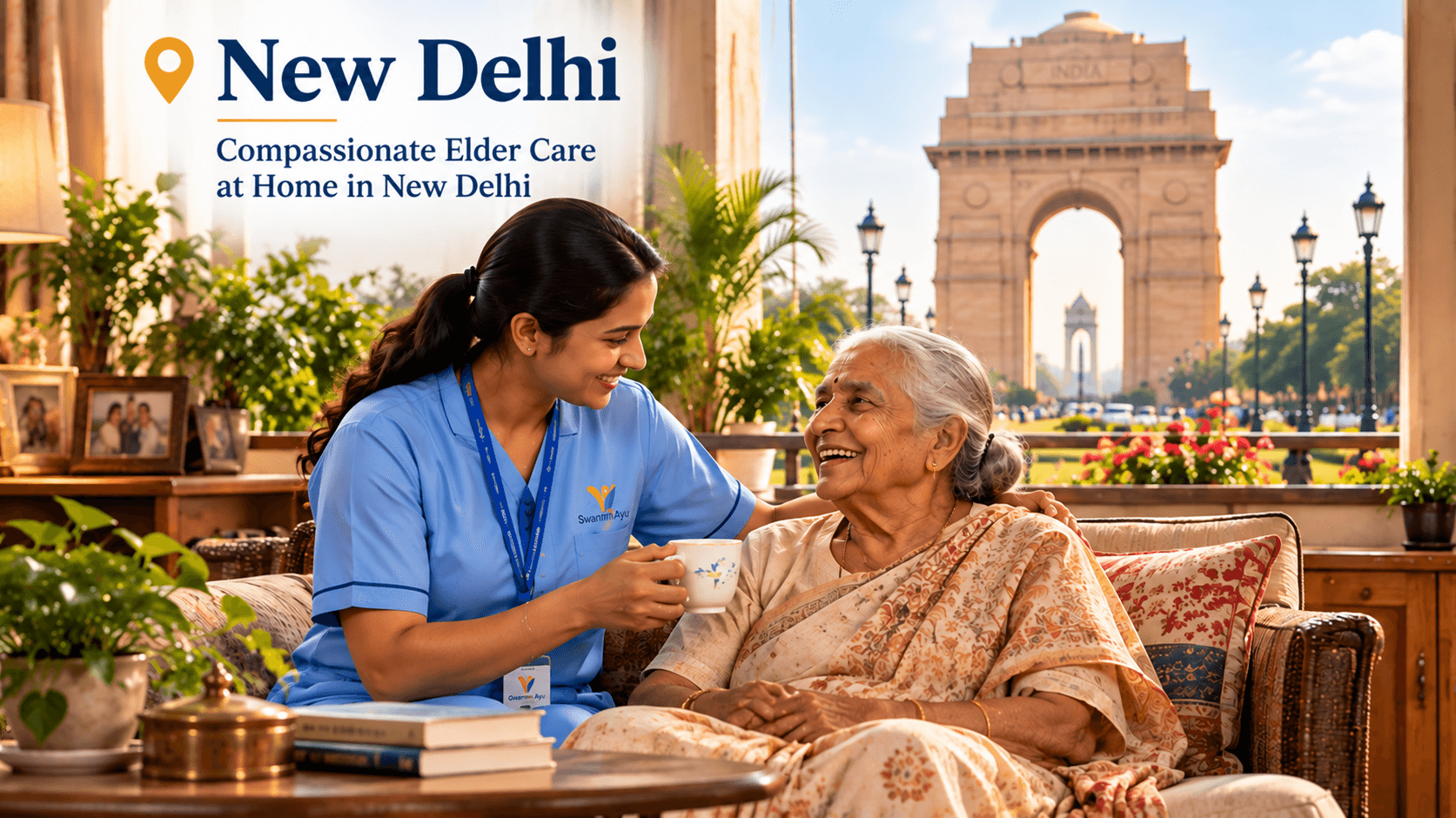 elderly couple with caregiver at home