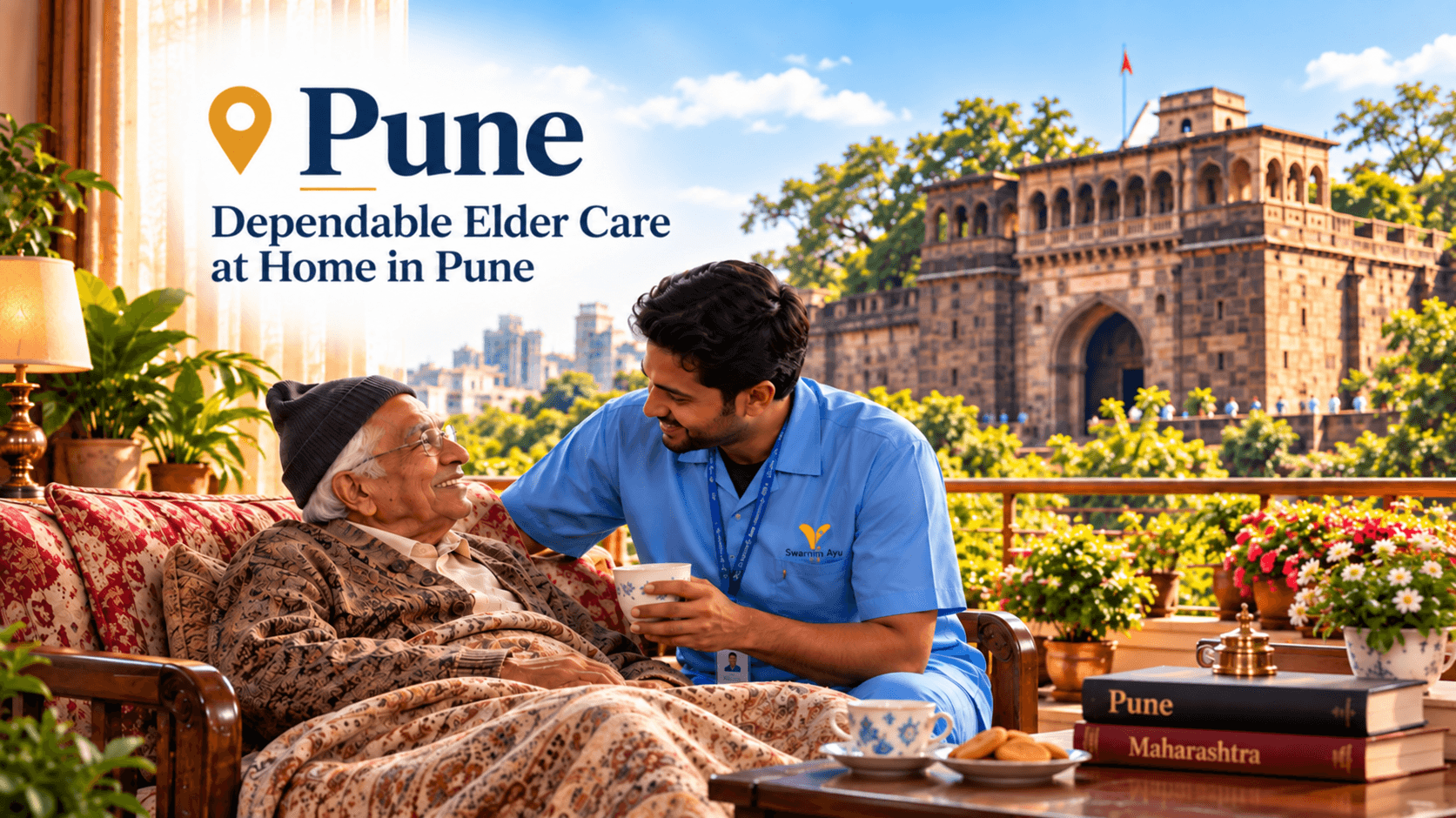 elderly couple with caregiver at home