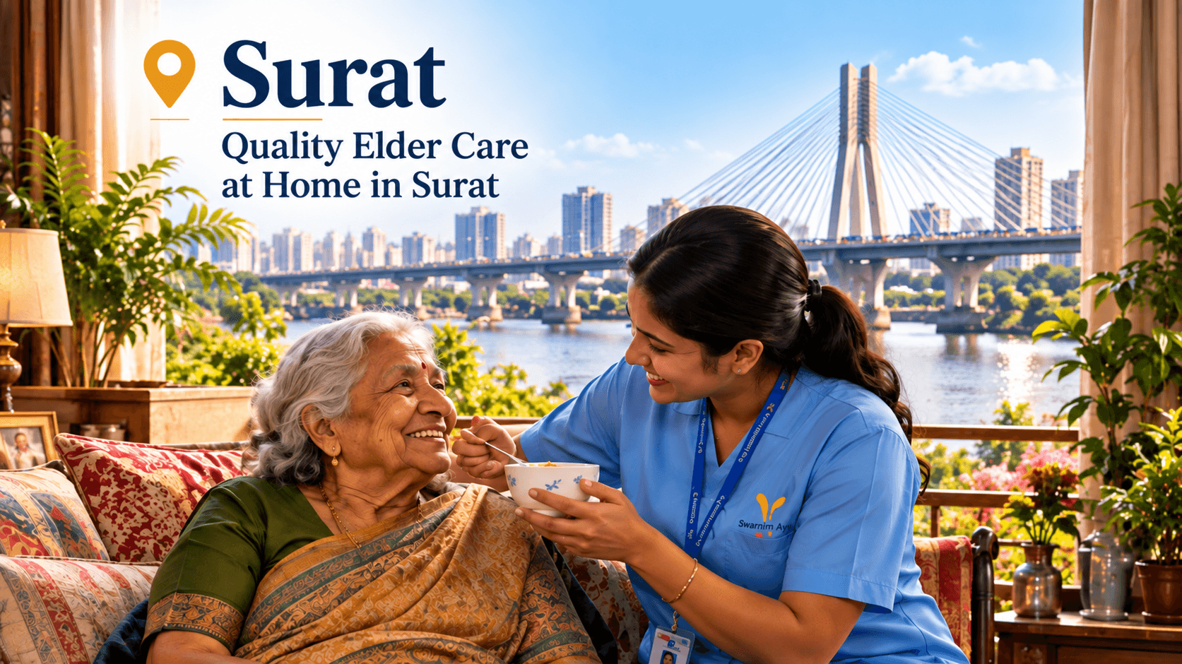 elderly couple with caregiver at home